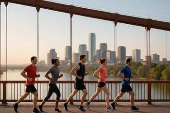 Köprülü geçitte yürüyüşçüler ve spor kompleksi yönü