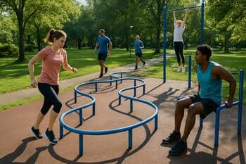 Parkta kasis üstünde denge alıştırması yapan sporcu