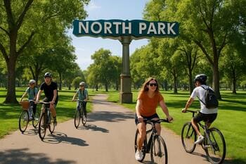 Kuzey kolunda park içi koşu yolu ve ağaç hatları