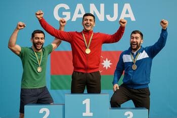 Gence’de podyumda üç sporcu madalyalarını sergiliyor