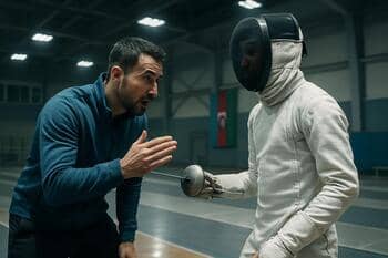 Genç sporcuların eskrim antrenmanı sırasında koçtan taktik aldığı an