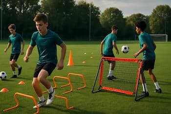 Minyatür istasyonda pas ve kontrol çalışan genç futbolcular