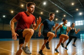 Spor salonunda dinamik ısınma yapan karma grup