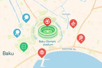 Bakü Olimpiyat Stadyumu çevresinde işaretli spor tesisleriyle etkileşimli harita görünümü