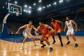 Bakü’de basketbol salonlarının yoğunluk hücresi, parlak mor tonlar
