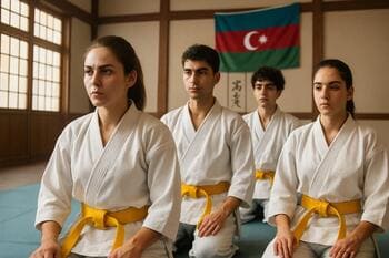 Bakü’de karate dojosunda kuşak sınavına hazırlanan gençler