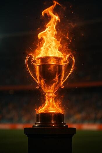 Şampiyonluk kupası turuncu alev efektiyle parlıyor, arka planda tribün