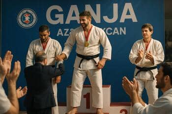 Gence judo takımının turnuva öncesi toplu pozu