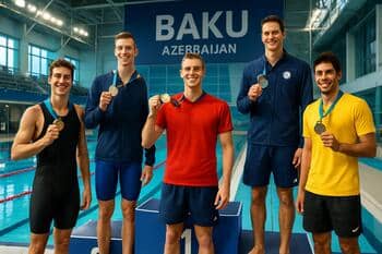 Bakü’de yüzme takımının start bloğunda yarışa hazırlığı