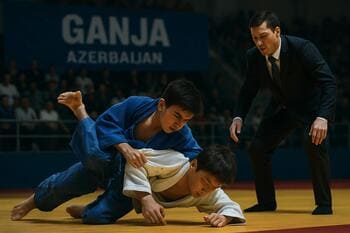 Gence judo kupasında tatamide tutuş arayan sporcular