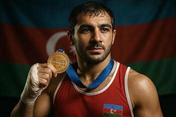 Azerbaycanlı boksörün 2015 Avrupa şampiyonluğu sonrası altın madalya ile pozu